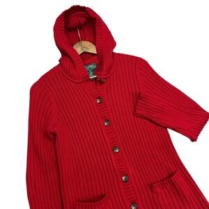 Lauren‎ Ralph Lauren Ribbed Knit Hooded Cardigan Sweater Button Up Petite S Red
